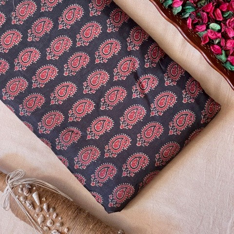 Cotton Silk Printed Fabric - Black/Red Butta - Mango - Dabu