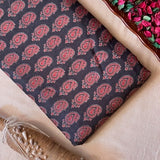 Cotton Silk Printed Fabric - Black/Red Butta - Mango - Dabu - Vastra Raag