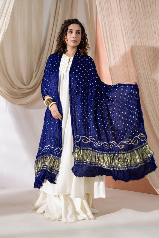 Pure Modal Silk Bandhani Dani Dupatta with Zari Lagdi Patta - Royal Blue