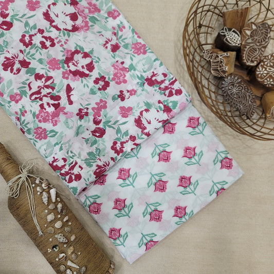 Pure Cotton Hand Block Printed 2 PC Suit - White & Pink