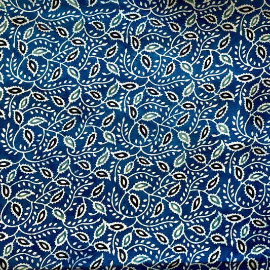 Modal Satin Silk Natural Dye Ajrakh Hand Block Printed Fabric - Indigo - Leaves (Veli)