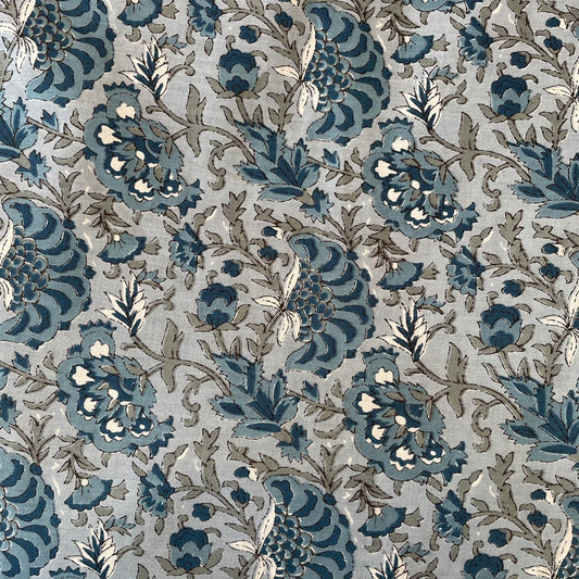 Pure Cotton Printed Fabric - Grey/Blue Foral Veli Sanganeri