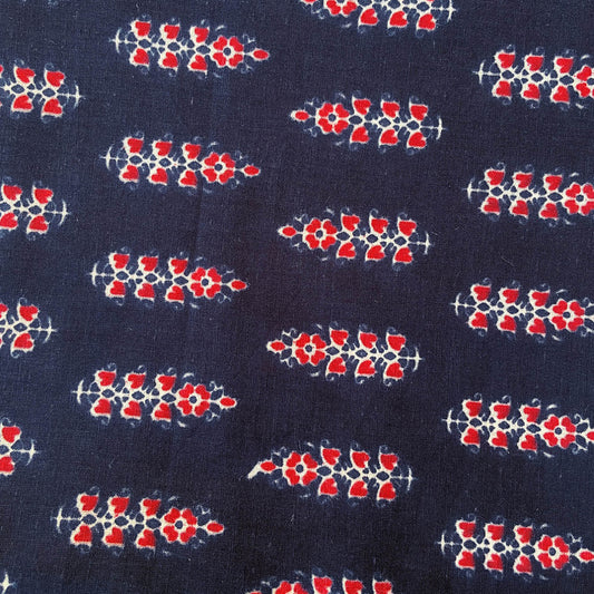 Pure Cotton Printed Fabric - Navy Blue/Red Butta