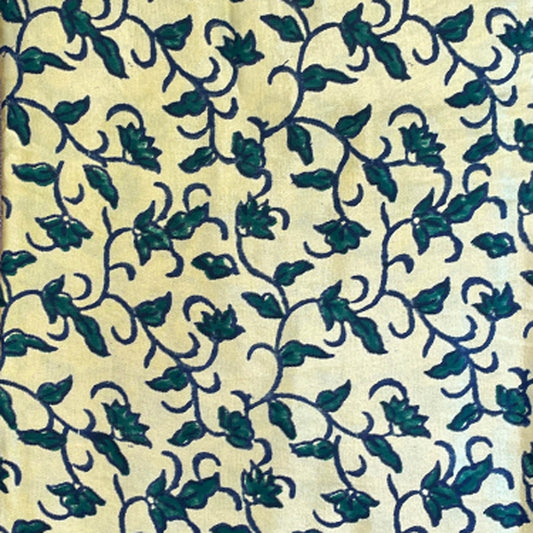 Mashru Silk Hand Block Printed Fabric - Yellow / Green - Leaves (Veli)