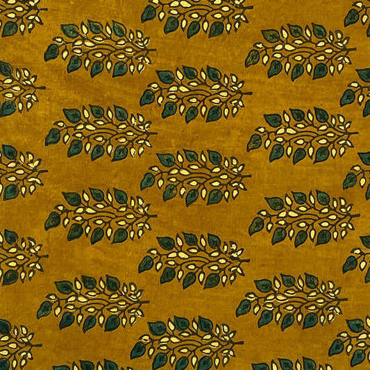 Pure Cotton Hand Block Ajrakh Printed Fabric - Leaves Butta - Mustard Yellow