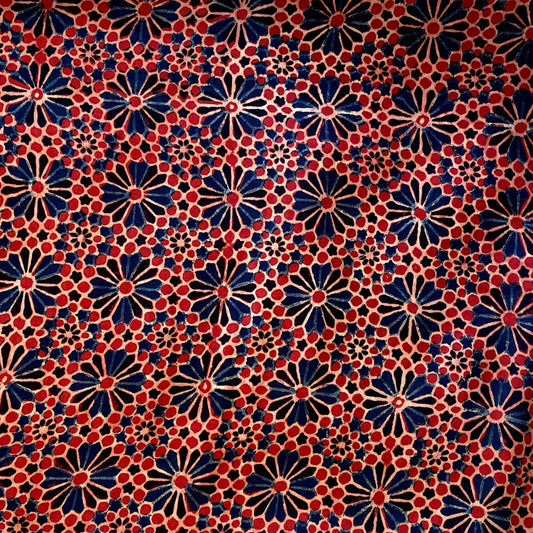 Modal Satin Silk Natural Dye Ajrakh Hand Block Printed Fabric - Red/Blue - Floral Geometrical