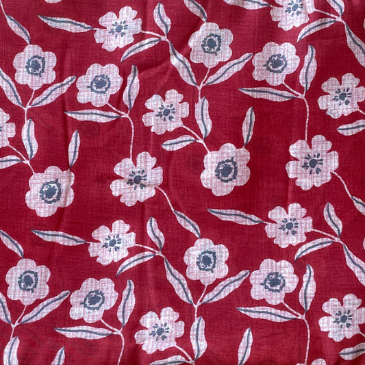 Pure Muslin Printed Fabric - Red/White - Floral