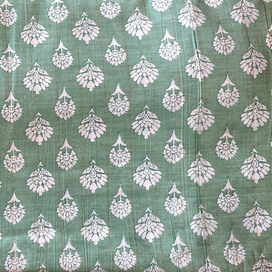 Pure Muslin Printed Fabric with Lurex Line - Pastel Green/White - Floral Butti