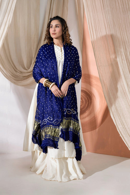 Pure Modal Silk Bandhani Dani Dupatta with Zari Lagdi Patta - Royal Blue