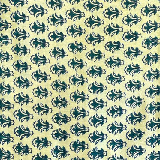 Mashru Silk Hand Block Printed Fabric - Yellow / Green - Small Butti