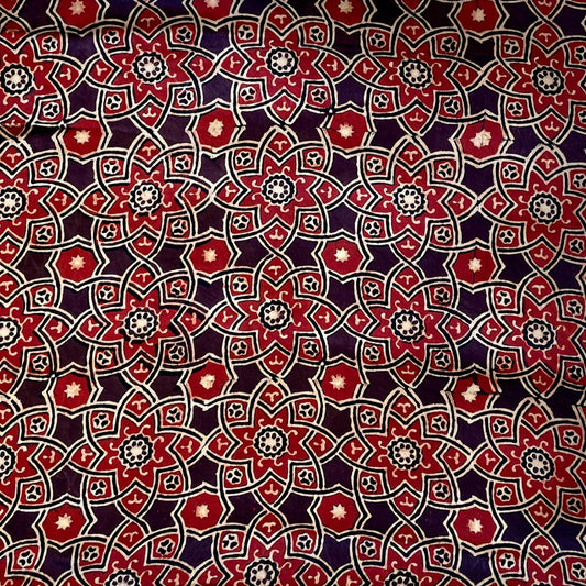 Modal Satin Silk Natural Dye Ajrakh Hand Block Printed Fabric - Red - Floral