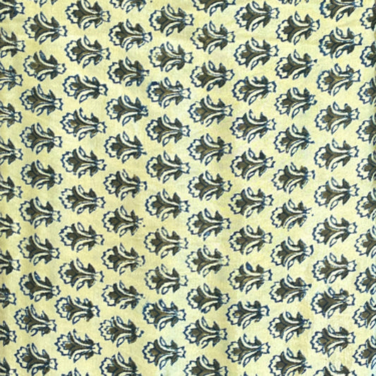 Mashru Silk Hand Block Printed Fabric - Yellow / Mehndi - Small Butti