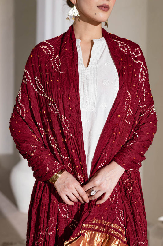 Pure Modal Silk Lehriya Bandhani Dupatta with Zari Lagdi Patta - Maroon