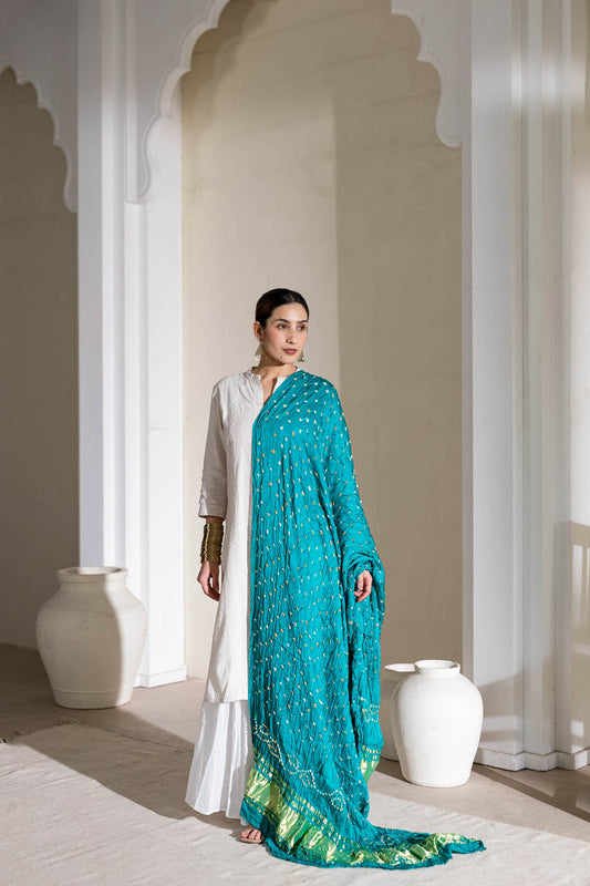 Pure Modal Silk Bandhani Dani Dupatta with Zari Lagdi Patta - Turquoise