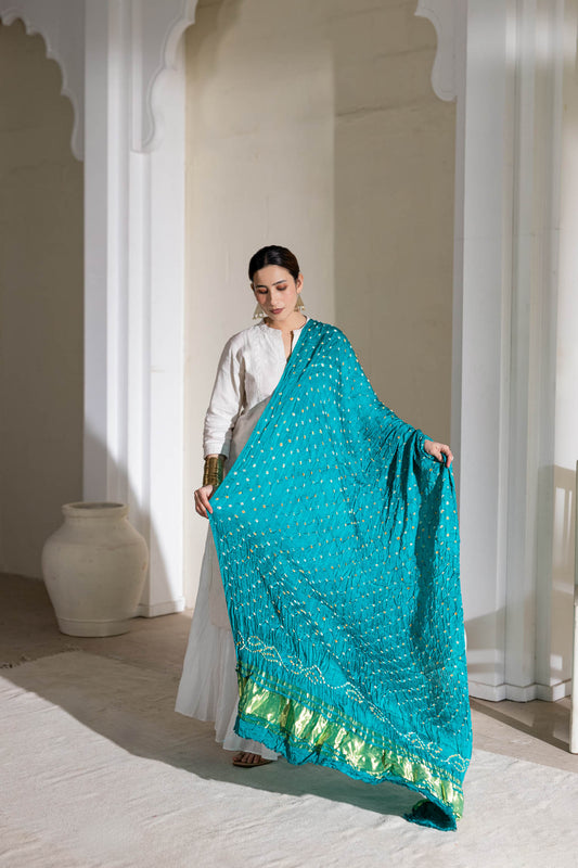 Pure Modal Silk Bandhani Dani Dupatta with Zari Lagdi Patta - Turquoise