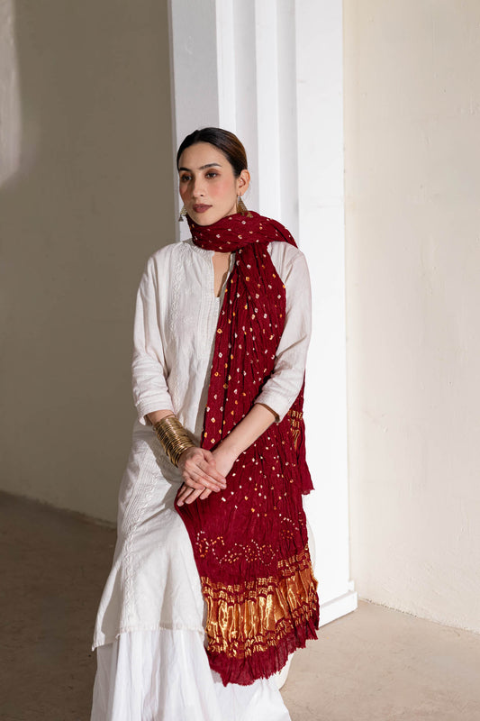 Pure Modal Silk Bandhani Dani Dupatta with Zari Lagdi Patta - Maroon