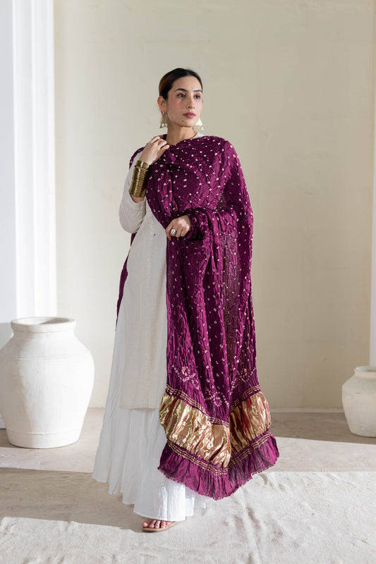 Pure Modal Silk Bandhani Dani Dupatta with Zari Lagdi Patta - Wine