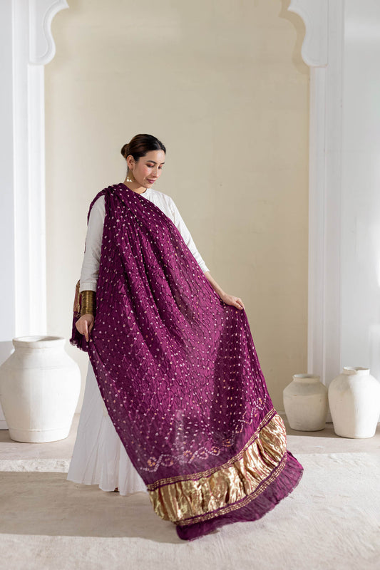 Pure Modal Silk Bandhani Dani Dupatta with Zari Lagdi Patta - Wine