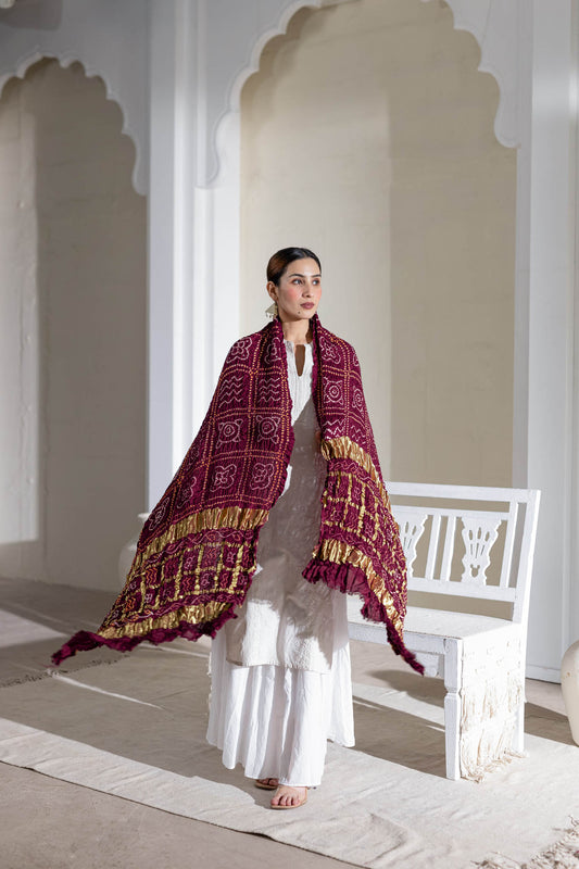 Pure Modal Silk Bandhani Checks Pallu Dupatta with Zari Lagdi Patta - Wine