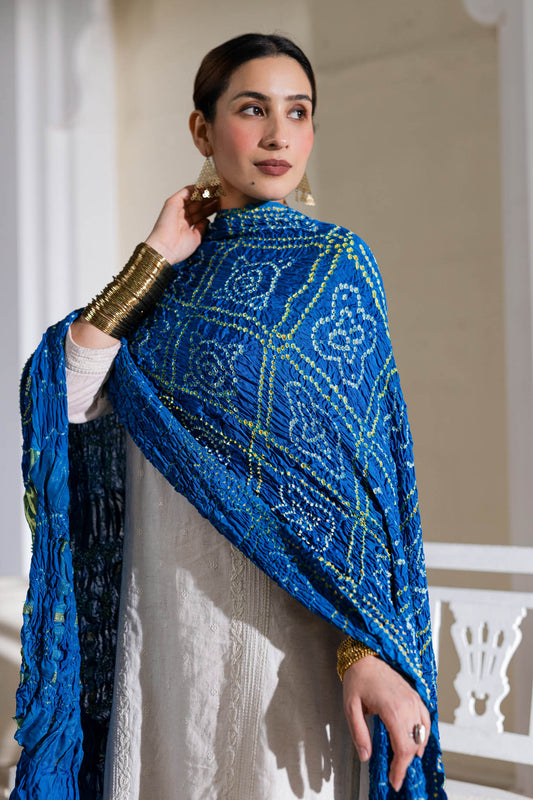 Pure Modal Silk Bandhani Dupatta with Zari Lagdi Patta - Blue