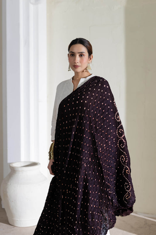 Pure Modal Silk Bandhani Dani Dupatta with Zari Lagdi Patta - Black