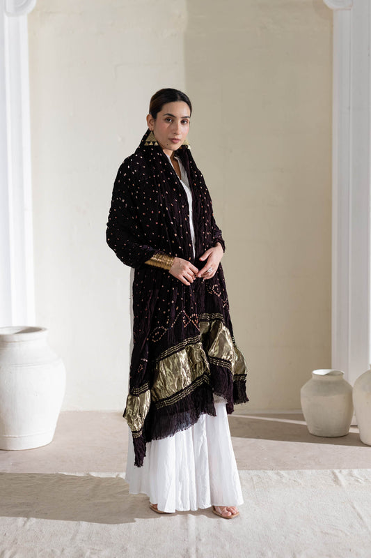 Pure Modal Silk Bandhani Dani Dupatta with Zari Lagdi Patta - Black