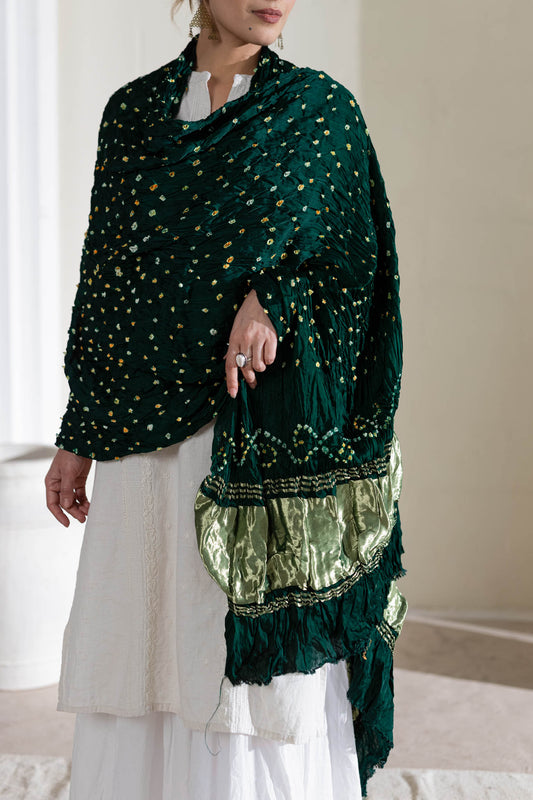 Pure Modal Silk Bandhani Dani Dupatta with Zari Lagdi Patta - Bottle Green