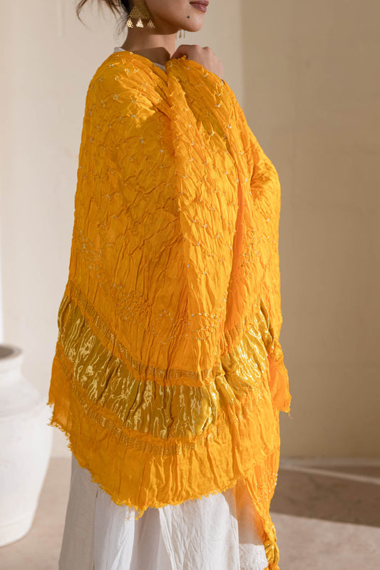 Pure Modal Silk Bandhani Dupatta with Zari Lagdi Patta - Yellow