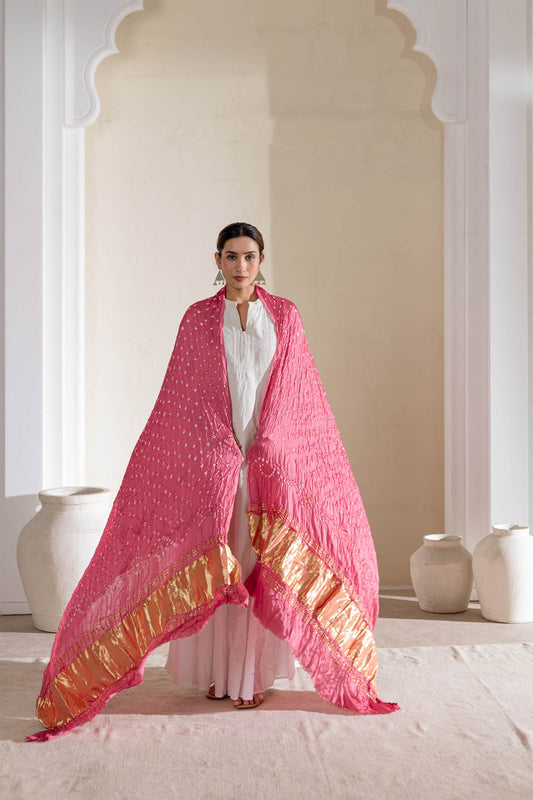 Pure Modal Silk Bandhani Dani Dupatta with Zari Lagdi Patta - Pink