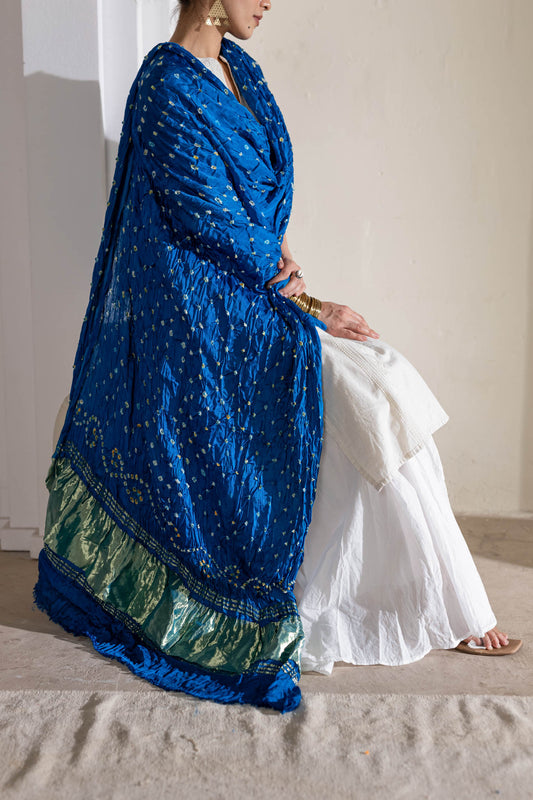 Pure Modal Silk Bandhani Dani Dupatta with Zari Lagdi Patta - Blue