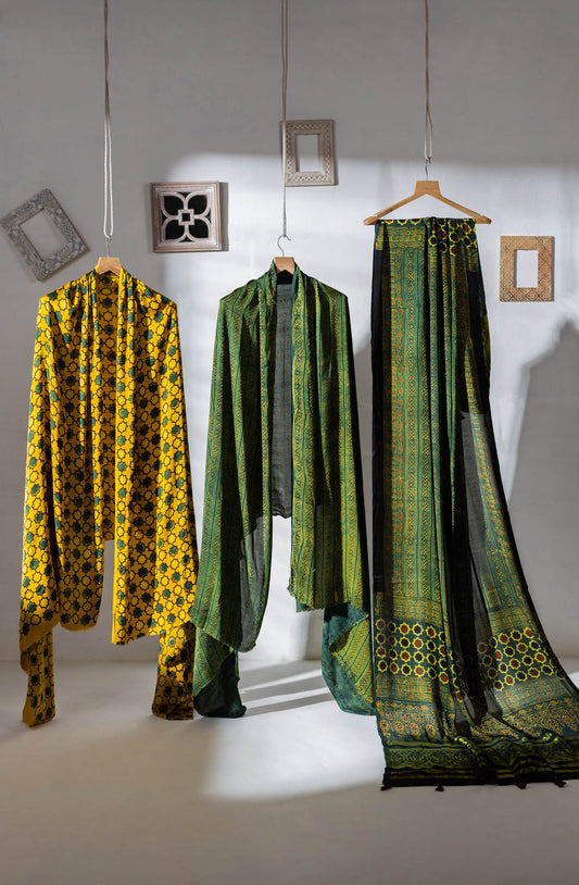 Ajrakh Hand Block Printed Modal Silk 3 PC Suit with Nakshi Dupatta - Green/Yellow