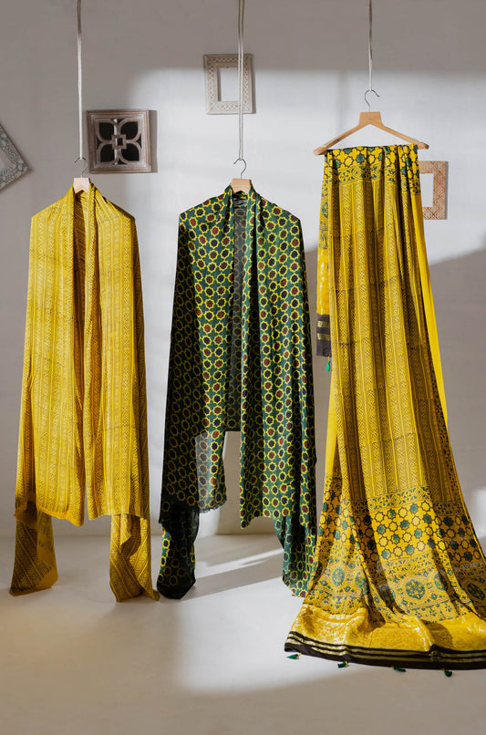 Ajrakh Hand Block Printed Modal Silk 3 PC Suit with Nakshi Dupatta - Yellow/Green