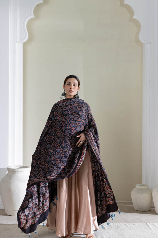 Modal Silk Ajrakh Hand Block Dupatta - Black/Maroon