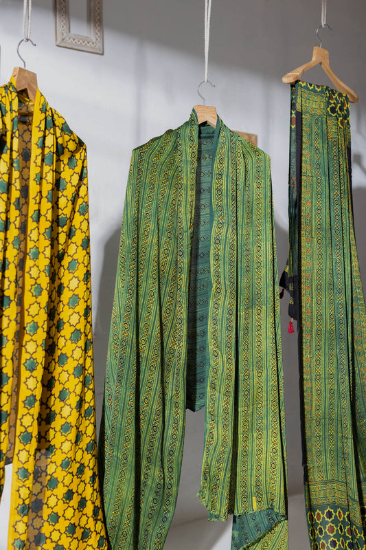 Ajrakh Hand Block Printed Modal Silk 3 PC Suit with Nakshi Dupatta - Green/Yellow