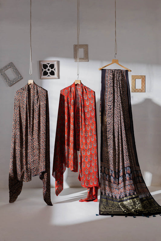 Ajrakh Hand Block Printed Modal Silk 3 PC Suit with Nakshi Dupatta - Black/Red