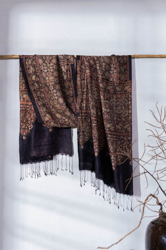 Ajrakh Hand Block Printed - Handloom Pure Mulberry Silk Stole - Black