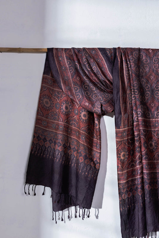 Ajrakh Hand Block Printed - Handloom Pure Tussar Silk Stole - Purple