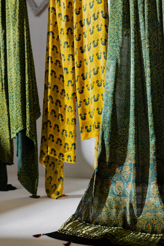 Ajrakh Hand Block Printed Modal Silk 3 PC Suit with Lagdi Dupatta - Green/Yellow