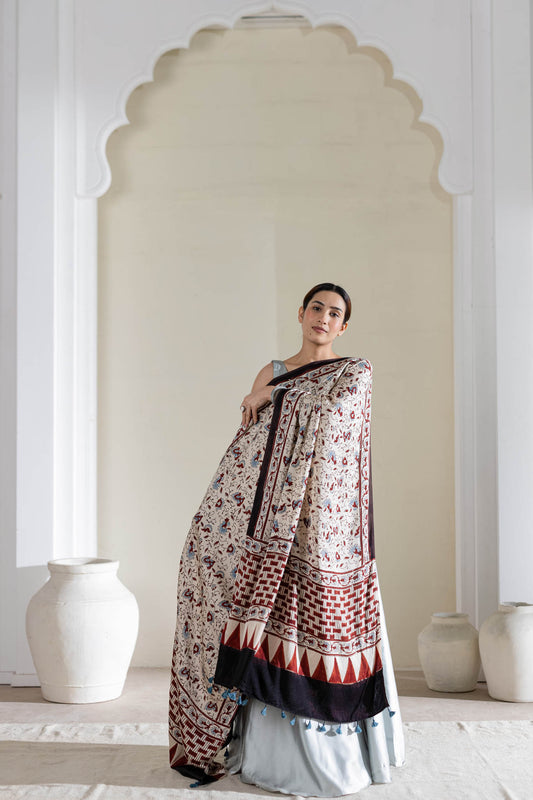 Modal Silk Ajrakh Hand Block Dupatta - Cream/Maroon