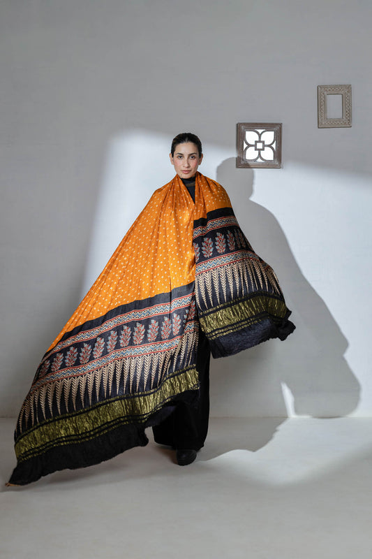 Ajrakh Hand Block Printed / Bandhani Modal Silk Dupatta with Lagdi Patta - Black/Orange