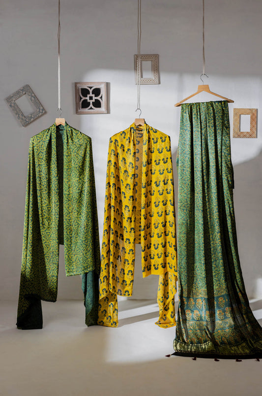 Ajrakh Hand Block Printed Modal Silk 3 PC Suit with Lagdi Dupatta - Green/Yellow