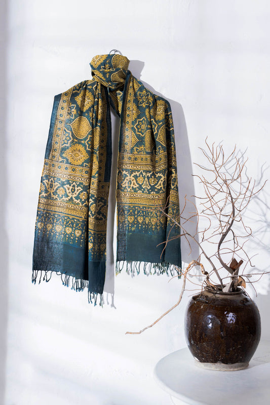 Ajrakh Hand Block Printed - Handloom Cotton Stole - Blue/Yellow