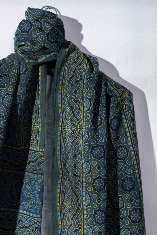 Ajrakh Hand Block Printed - Handloom Cotton Stole - Green