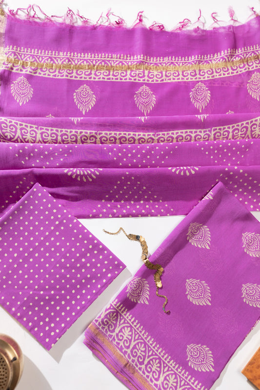 Pure Chanderi Silk Hand Block Printed 3 PC Suit - Pink