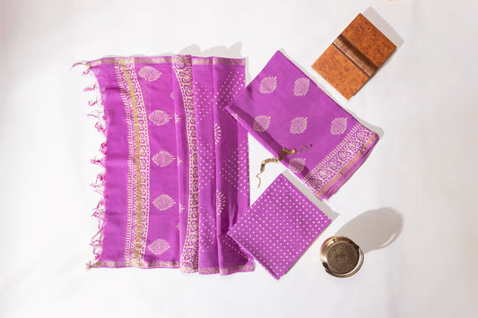 Pure Chanderi Silk Hand Block Printed 3 PC Suit - Pink