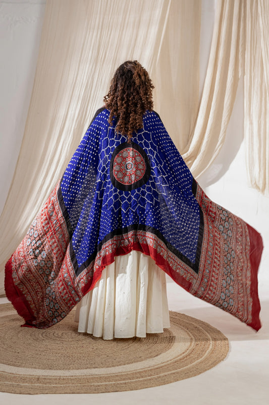 Ajrakh Bandhej Modal Silk Dupatta - Blue/Red