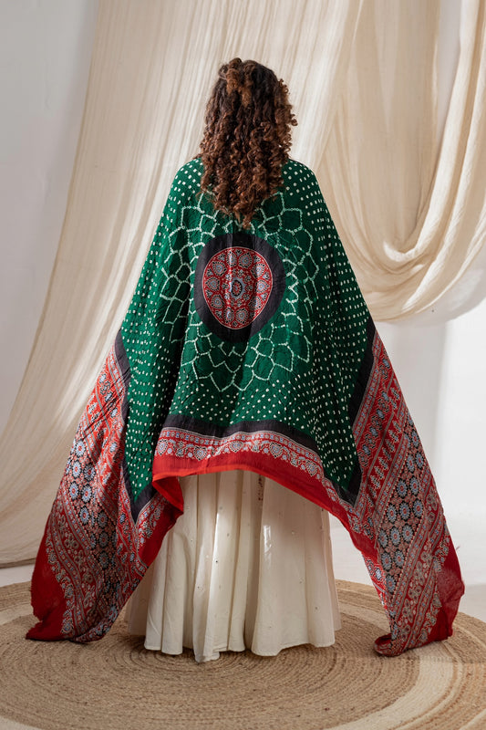 Ajrakh Bandhej Modal Silk Dupatta - Green/Red