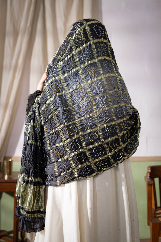 Grey - Ombre Dyed Garchola Bandhani Modal Silk Dupatta with Zari Lagdi Patta