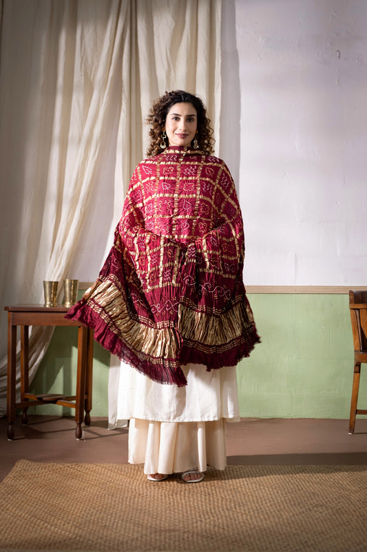 Maroon - Ombre Dyed Garchola Bandhani Modal Silk Dupatta with Zari Lagdi Patta