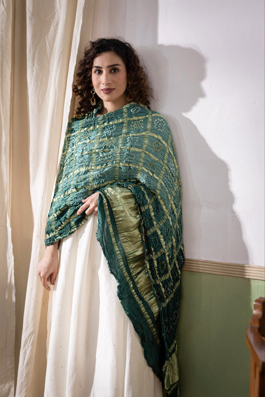 Ombre Dyed Garchola Bandhani Modal Silk Dupatta with Zari Lagdi Patta